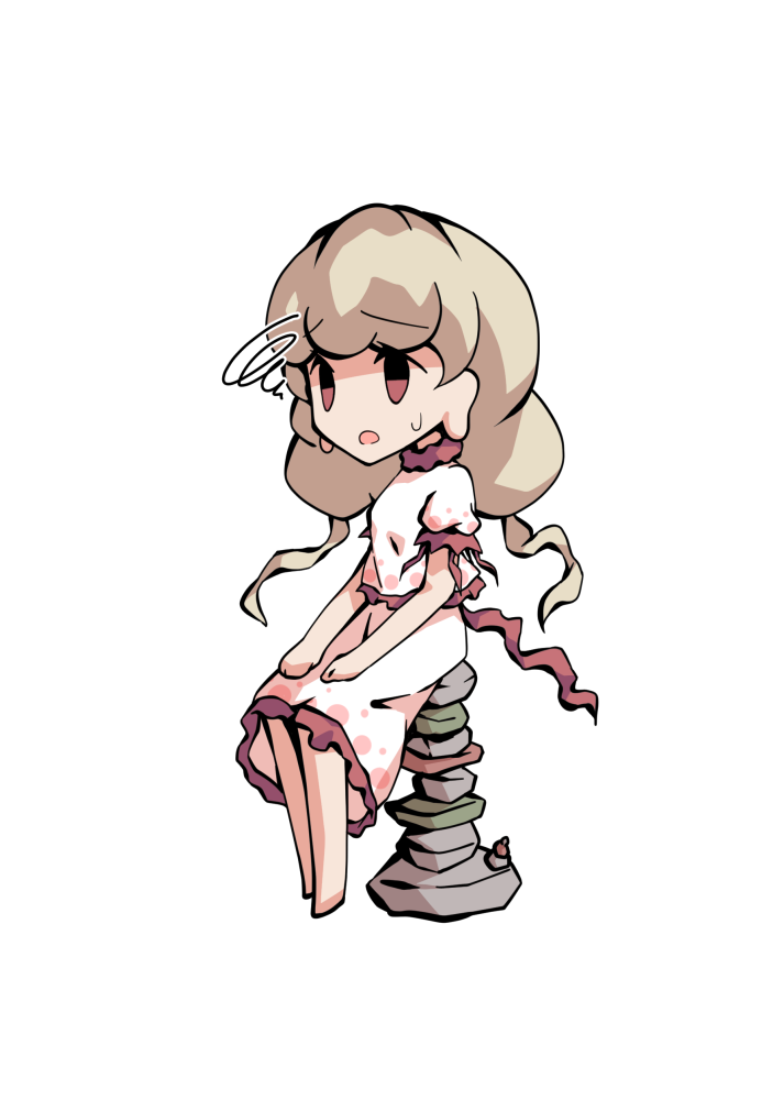 dairi, ebisu eika, touhou, commentary request, large variant set, variant set, 1girl, barefoot, blonde hair, chibi, chibi only, frilled shirt, frilled skirt, frills, full body, hands on own knees, long earlobes, long hair, puffy short sleeves, puffy sleeves, rock, rock balancing, shirt, short sleeves, sitting, skirt, skirt set, solo, tachi-e, transparent background, white shirt