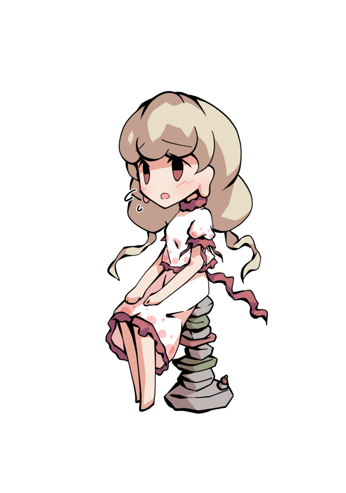 dairi, ebisu eika, touhou, commentary request, large variant set, variant set, 1girl, barefoot, blonde hair, chibi, chibi only, frilled shirt, frilled skirt, frills, full body, hands on own knees, long earlobes, long hair, puffy short sleeves, puffy sleeves, rock, rock balancing, shirt, short sleeves, sitting, skirt, skirt set, solo, tachi-e, transparent background, white shirt