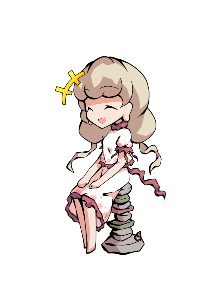 dairi, ebisu eika, touhou, commentary request, large variant set, variant set, 1girl, barefoot, blonde hair, chibi, chibi only, frilled shirt, frilled skirt, frills, full body, hands on own knees, long earlobes, long hair, puffy short sleeves, puffy sleeves, rock, rock balancing, shirt, short sleeves, sitting, skirt, skirt set, solo, tachi-e, transparent background, white shirt