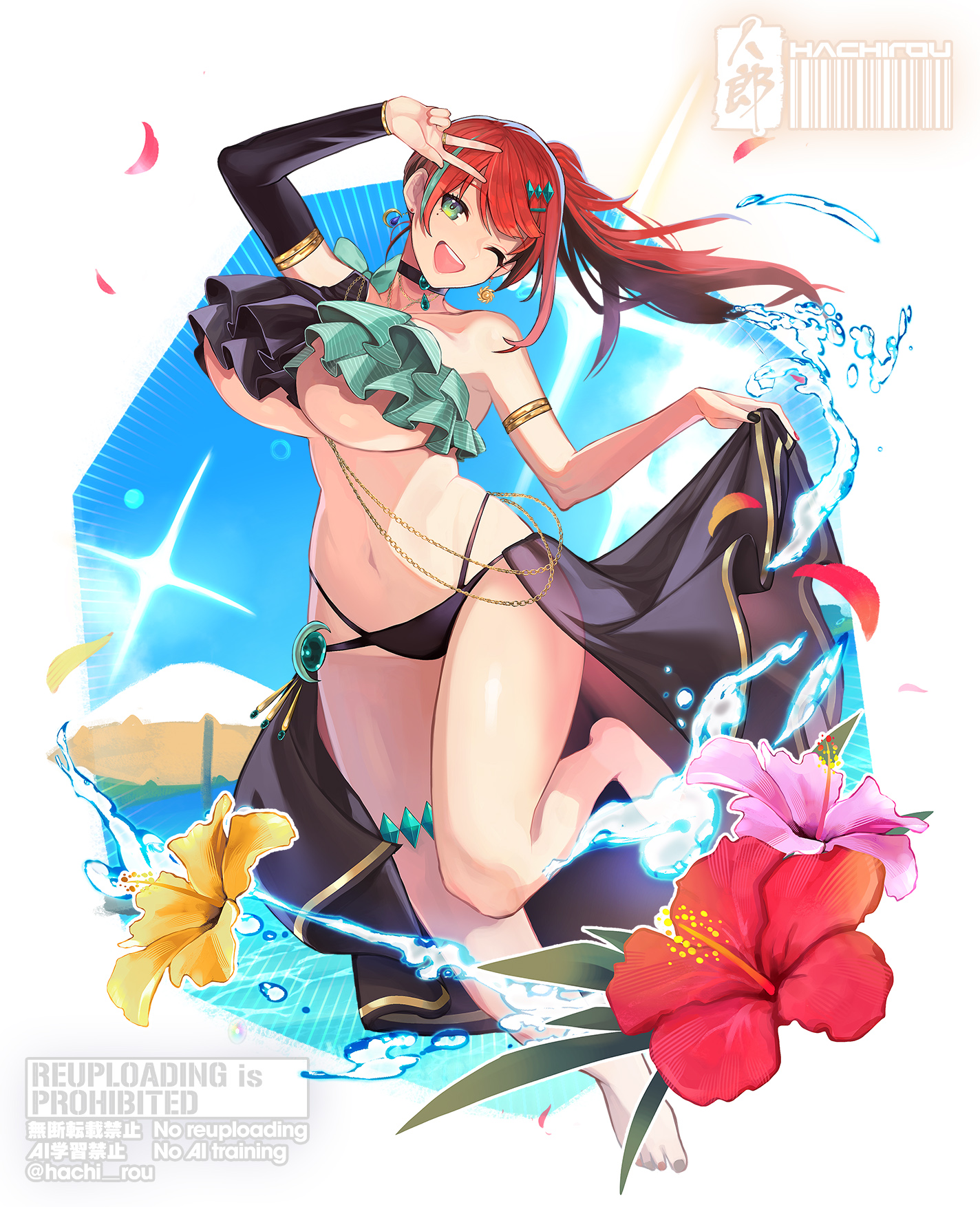 hachirou (crazy318), indie virtual youtuber, commentary request, commission, highres, skeb commission, 1girl, bikini, breasts, detached sleeves, frilled bikini, frills, green eyes, hair ornament, hairclip, large breasts, long hair, looking at viewer, navel, one eye closed, open mouth, ponytail, red hair, shimanaga ekon, signature, swimsuit, thigh strap, thighs, underboob, virtual youtuber, w, water, watermark