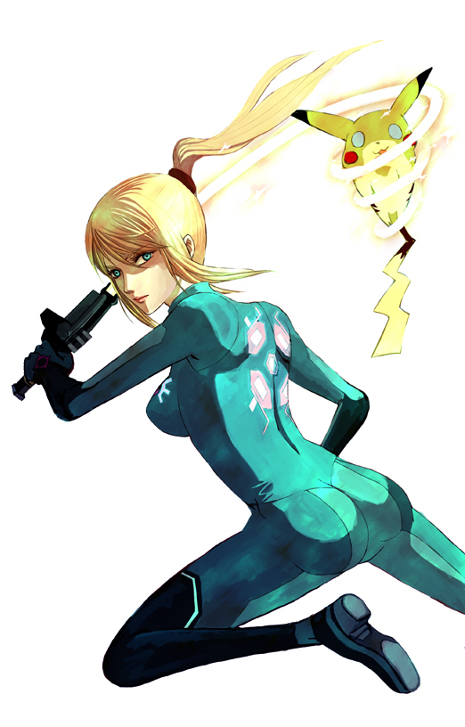 souya touki, pikachu, samus aran, metroid, nintendo, pokemon, super smash bros., bad id, bad pixiv id, 1girl, ass, blonde hair, blue eyes, bodysuit, gen 1 pokemon, pokemon (creature), ponytail, simple background, skin tight, white background, wrapped, zero suit