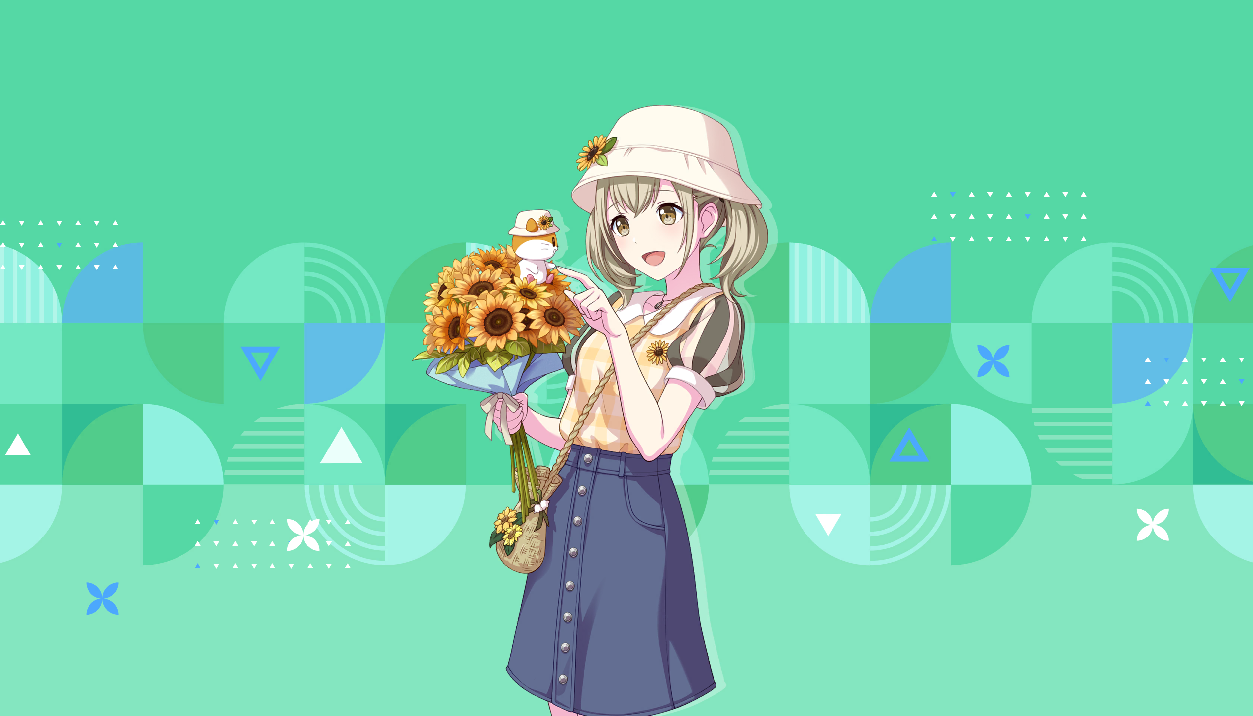 colorful palette, azusawa kohane, project sekai, sanrio, game cg, highres, official art, third-party source, 1girl, :d, alternate costume, bag, blue skirt, bouquet, brown bag, brown eyes, brown hair, bucket hat, corocorokuririn, flower, green background, hat, hat flower, holding, holding bouquet, looking at another, open mouth, plaid clothes, plaid shirt, puffy short sleeves, puffy sleeves, see-through clothes, see-through sleeves, shirt, short sleeves, shoulder bag, skirt, smile, striped sleeves, sunflower, tongue, triangle, white hat, yellow flower, yellow shirt