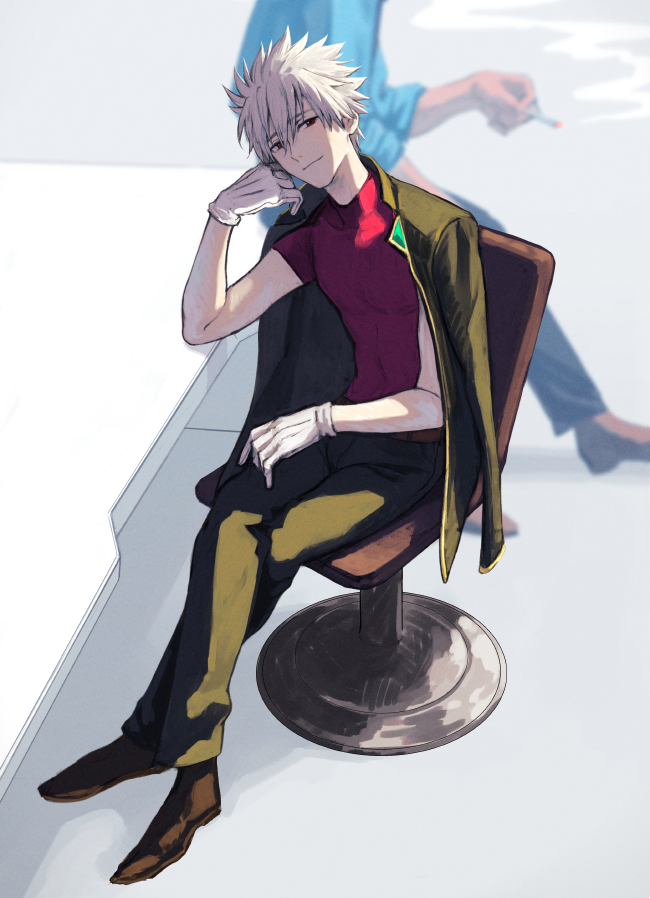 kannunu, ikari gendou, kaji ryouji, nagisa kaworu, neon genesis evangelion, commentary request, 2boys, arm rest, belt, brown belt, brown shoes, chair, closed mouth, cosplay, full body, gloves, ikari gendou (cosplay), jacket, jacket on shoulders, looking at viewer, male focus, multiple boys, on chair, pants, shoes, sitting, sitting on table, table, white gloves, white hair