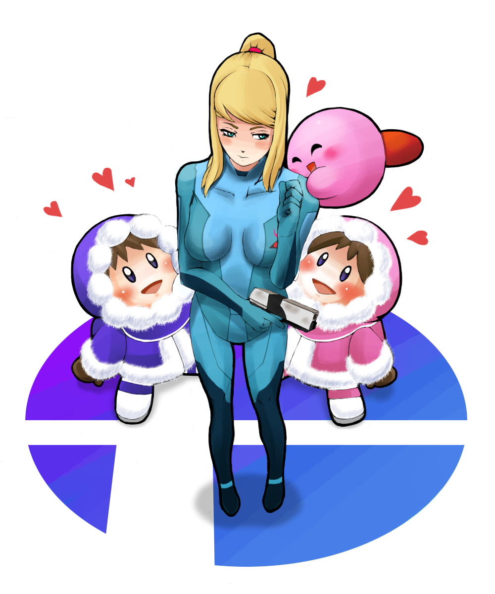 oyatsu (mk2), ice climbers, kirby, nana (ice climber), popo (ice climber), samus aran, ice climber, kirby (series), metroid, nintendo, super smash bros., highres, 1boy, 2girls, ^ ^, blonde hair, blue eyes, blush, bodysuit, brown hair, closed eyes, heart, multiple girls, open mouth, ponytail, skin tight, zero suit