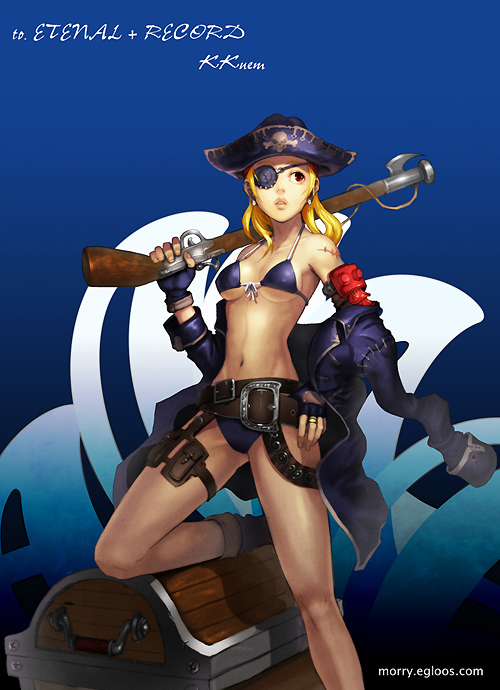 kkuem, 1girl, antique firearm, belt, bikini, blonde hair, boots, breasts, coat, detached sleeves, eyepatch, female focus, fingerless gloves, gloves, gun, hat, jacket, jewelry, jolly roger, kkumen, legs, medium breasts, musket, pectorals, pirate, pirate hat, red eyes, ring, scar, solo, swimsuit, treasure chest, tricorne, underboob, watermark, weapon