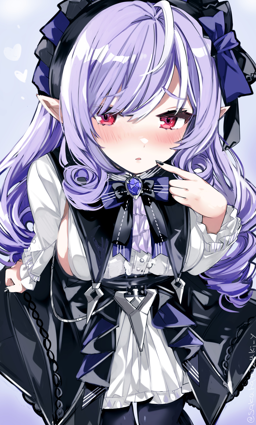 urabanasimati, vivian banshee, zenless zone zero, highres, 1girl, ascot, black bow, black bowtie, black nails, black pantyhose, black skirt, bow, bowtie, breasts, brooch, center frills, cropped legs, dress, drill hair, finger to face, frilled hairband, frills, gem, gradient background, grey background, hairband, jewelry, long hair, long sleeves, looking at viewer, medium breasts, multicolored hair, pantyhose, parted lips, pointy ears, purple ascot, purple background, purple gemstone, purple hair, red eyes, sideboob, skirt, solo, streaked hair, two-tone hair, white dress, white hair