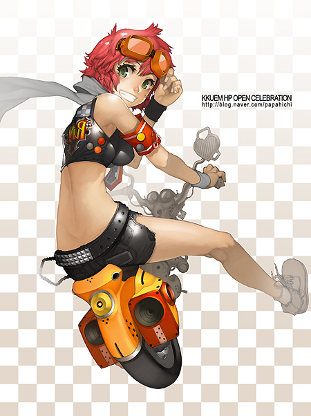 kkuem, original, vehicle, 1girl, armband, belt, checkered background, female focus, from behind, goggles, goggles on head, green eyes, grin, midriff, motor vehicle, motorcycle, red hair, scarf, short hair, shorts, smile, solo