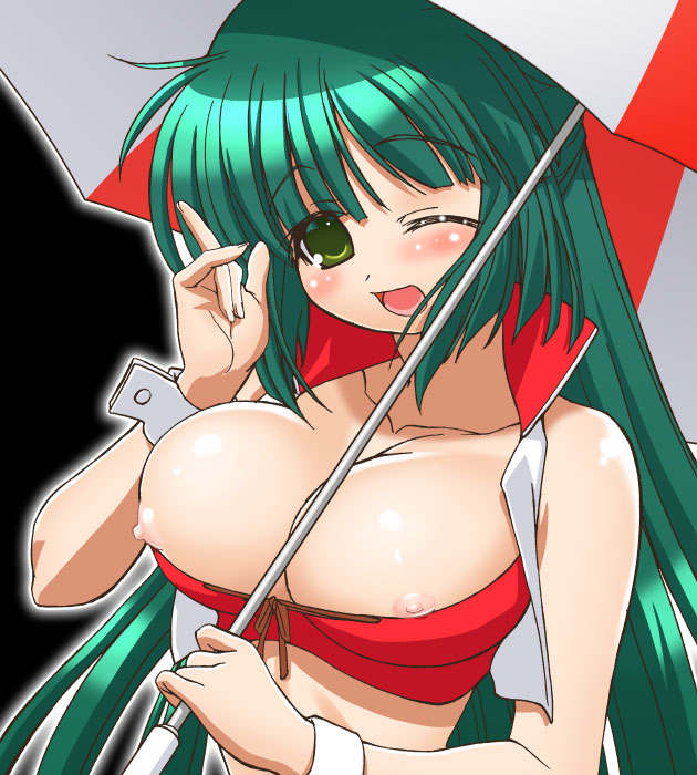 gambler club, yoshinoya (hidamari sketch), hidamari sketch, 00s, 1girl, breasts, cuffs, female focus, green eyes, green hair, large breasts, long hair, matching hair/eyes, nipple slip, nipples, one eye closed, solo, umbrella, wink, wrist cuffs