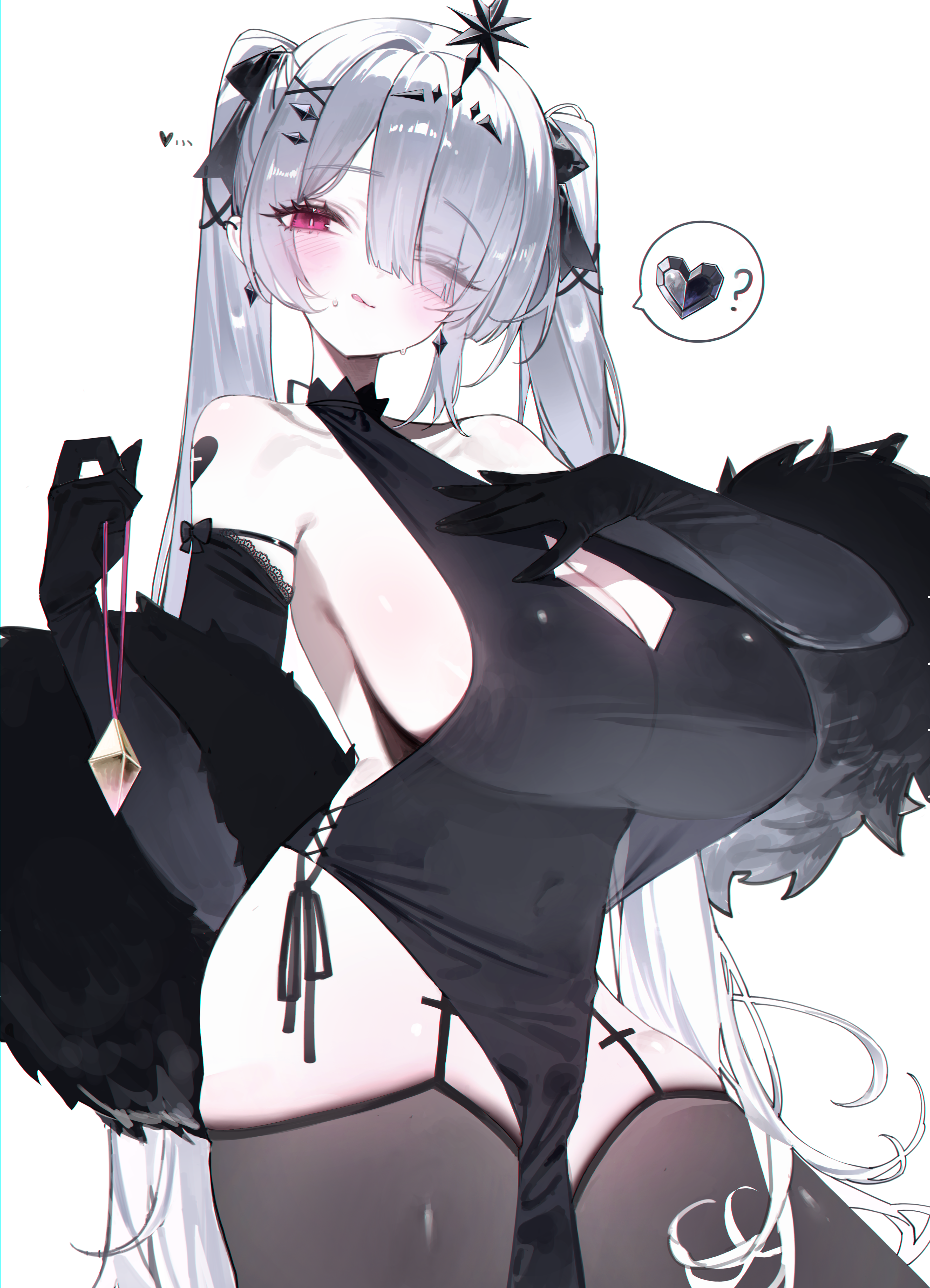amu1207, cinderella (nikke), goddess of victory: nikke, absurdres, highres, 1girl, ?, black dress, black gloves, black thighhighs, breasts, cleavage, dress, garter straps, gloves, hair over one eye, hair ribbon, heart, huge breasts, long hair, one eye closed, pelvic curtain, red eyes, ribbon, simple background, solo, speech bubble, spoken heart, thighhighs, tongue, twintails, very long hair, white background, white hair