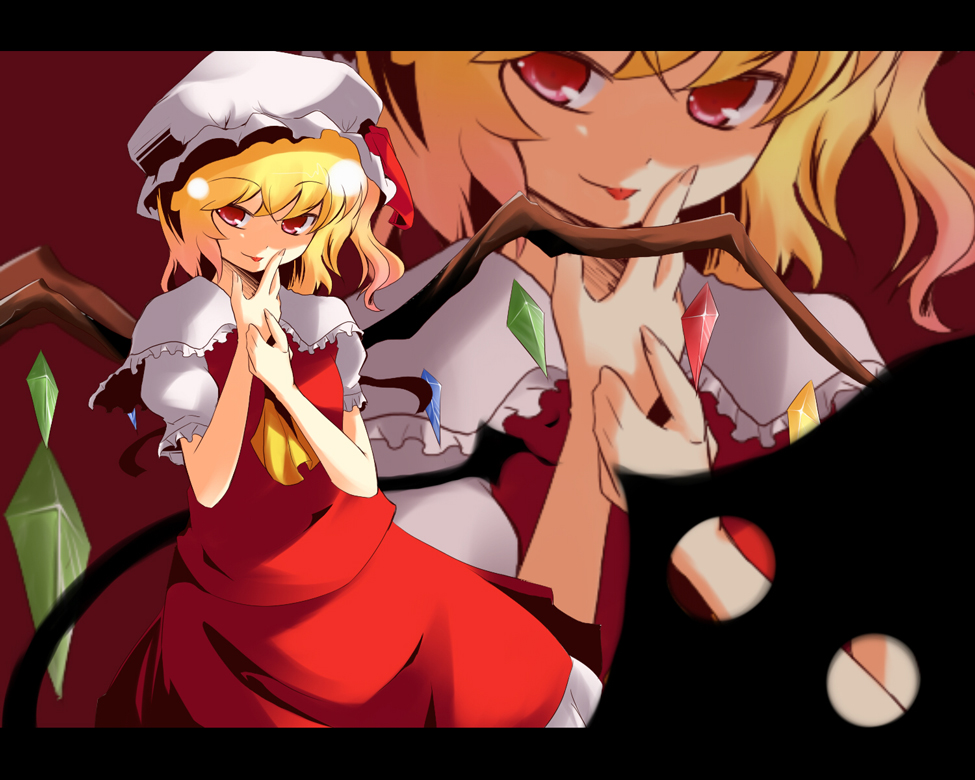 mukunoki nanatsu, nanatsu, flandre scarlet, touhou, bad id, bad pixiv id, 1girl, blonde hair, blouse, female focus, hat, mob cap, ponytail, ribbon, shirt, short hair, solo, white hat, white shirt, wings