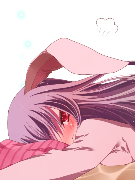 hane sotsu, reisen udongein inaba, touhou, bad id, bad pixiv id, 1girl, animal ears, blush, female focus, long hair, lying, purple hair, rabbit ears, simple background, solo, tears, white background