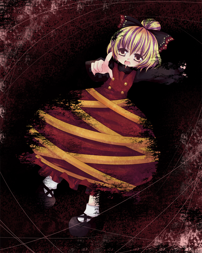 mikazuki sara, kurodani yamame, touhou, bad id, bad pixiv id, 1girl, arm up, blonde hair, brown eyes, dress, female focus, long sleeves, looking at viewer, lying, on back, orange eyes, outstretched arms, pointing, pointing at viewer, pointing up, red dress, short hair, solo
