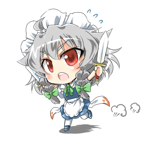 tajima yuuki, izayoi sakuya, embodiment of scarlet devil, touhou, silver hair, lowres, 1girl, braid, chibi, female focus, full body, knife, maid, red eyes, ribbon, short hair, solo, throwing knife, twin braids, twintails, weapon, white background