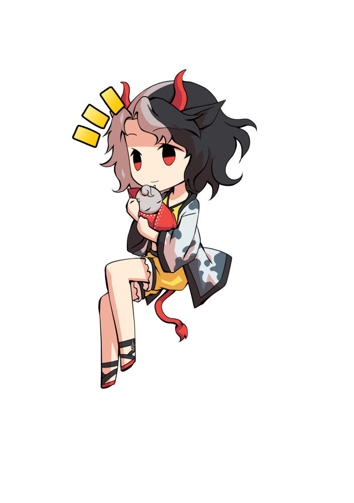 dairi, ushizaki urumi, touhou, commentary request, large variant set, variant set, 1girl, animal ears, animal print, black hair, chibi, chibi only, cow ears, cow girl, cow horns, cow print, cow tail, frilled shorts, frills, full body, haori, horns, japanese clothes, multicolored hair, red horns, red sandals, red tail, sandals, short hair, shorts, solo, split-color hair, tachi-e, tail, transparent background, two-tone hair, yellow shorts