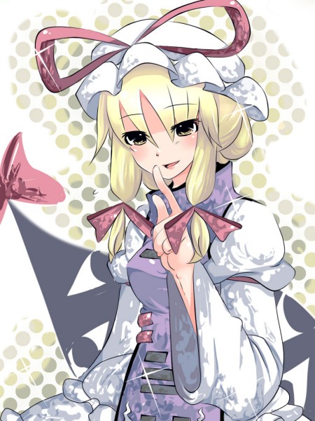 asa natsume, yakumo yukari, touhou, 1girl, blonde hair, blush, bow, female focus, gap (touhou), hair bow, hair up, hat, ribbon, smile, solo, yellow eyes