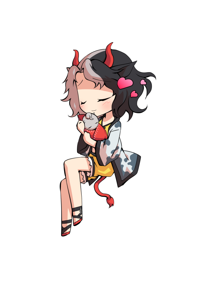 dairi, ushizaki urumi, touhou, commentary request, large variant set, variant set, 1girl, animal ears, animal print, black hair, chibi, chibi only, cow ears, cow girl, cow horns, cow print, cow tail, frilled shorts, frills, full body, haori, horns, japanese clothes, multicolored hair, red horns, red sandals, red tail, sandals, short hair, shorts, solo, split-color hair, tachi-e, tail, transparent background, two-tone hair, yellow shorts