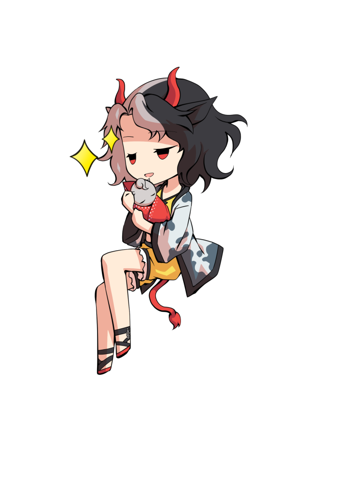 dairi, ushizaki urumi, touhou, commentary request, large variant set, variant set, 1girl, animal ears, animal print, black hair, chibi, chibi only, cow ears, cow girl, cow horns, cow print, cow tail, frilled shorts, frills, full body, haori, horns, japanese clothes, multicolored hair, red horns, red sandals, red tail, sandals, short hair, shorts, solo, split-color hair, tachi-e, tail, transparent background, two-tone hair, yellow shorts