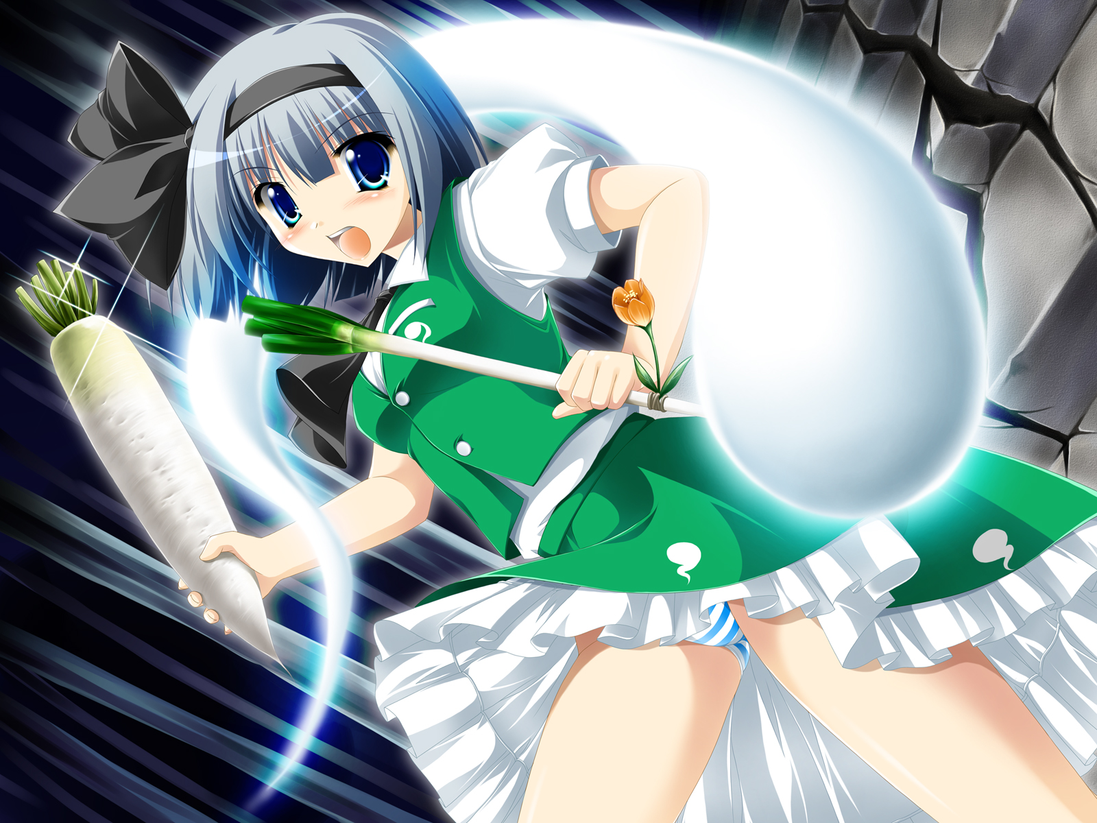 kamiya tomoe, konpaku youmu, konpaku youmu (ghost), touhou, highres, 1girl, breasts, daikon, dual wielding, female focus, hitodama, holding, panties, pantyshot, radish, skirt, solo, spring onion, striped clothes, striped panties, tanto, underwear