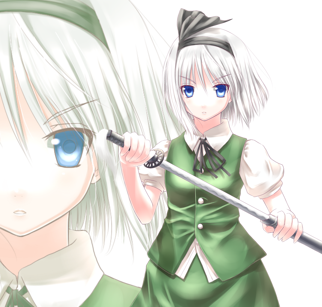 hiraga matsuri, hirasato, konpaku youmu, touhou, 1girl, blue eyes, female focus, hairband, katana, neck ribbon, ribbon, serious, sheath, short hair, solo, sword, unsheathing, vest, weapon, white hair, zoom layer