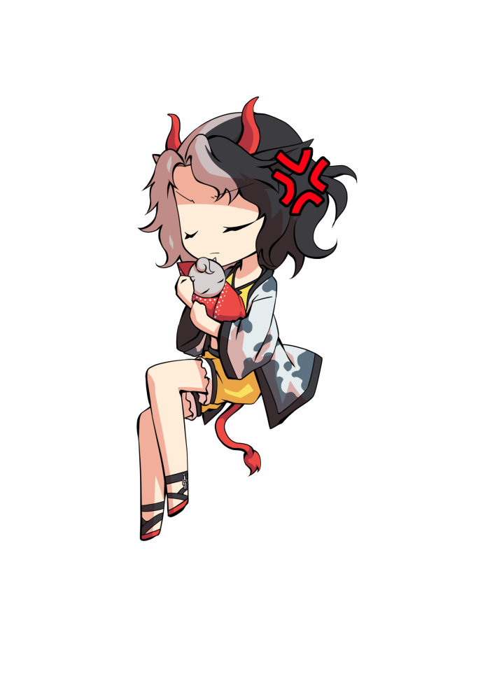 dairi, ushizaki urumi, touhou, commentary request, large variant set, variant set, 1girl, animal ears, animal print, black hair, chibi, chibi only, cow ears, cow girl, cow horns, cow print, cow tail, frilled shorts, frills, full body, haori, horns, japanese clothes, multicolored hair, red horns, red sandals, red tail, sandals, short hair, shorts, solo, split-color hair, tachi-e, tail, transparent background, two-tone hair, yellow shorts