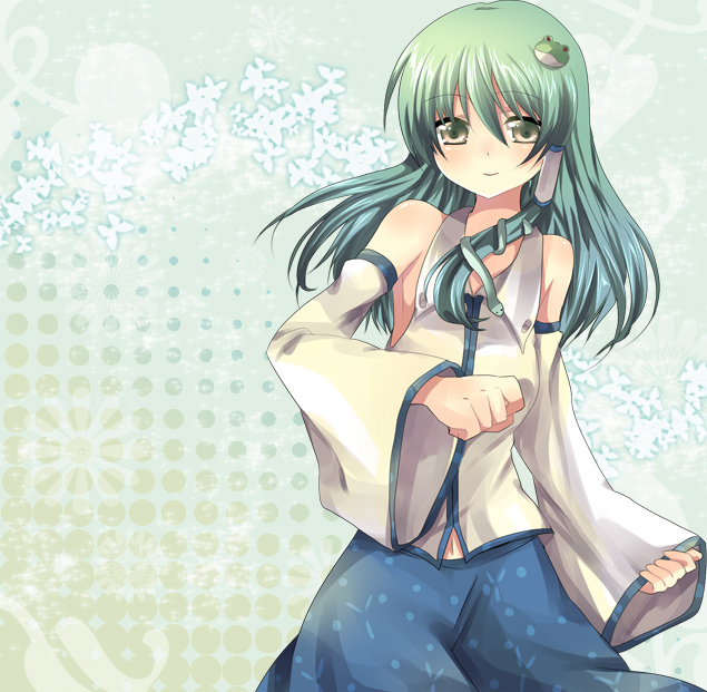 ichi (artist), ichi (bji), kochiya sanae, touhou, bad id, bad pixiv id, 1girl, bare shoulders, detached sleeves, female focus, solo, standing