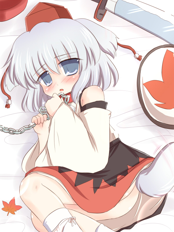 ry (yagoyago), inubashiri momiji, touhou, 1girl, animal collar, animal ears, blue eyes, chain, collar, female focus, leash, loli, looking at viewer, lying, no panties, on side, shield, solo, sword, tail, weapon, white hair, wolf ears, wolf tail