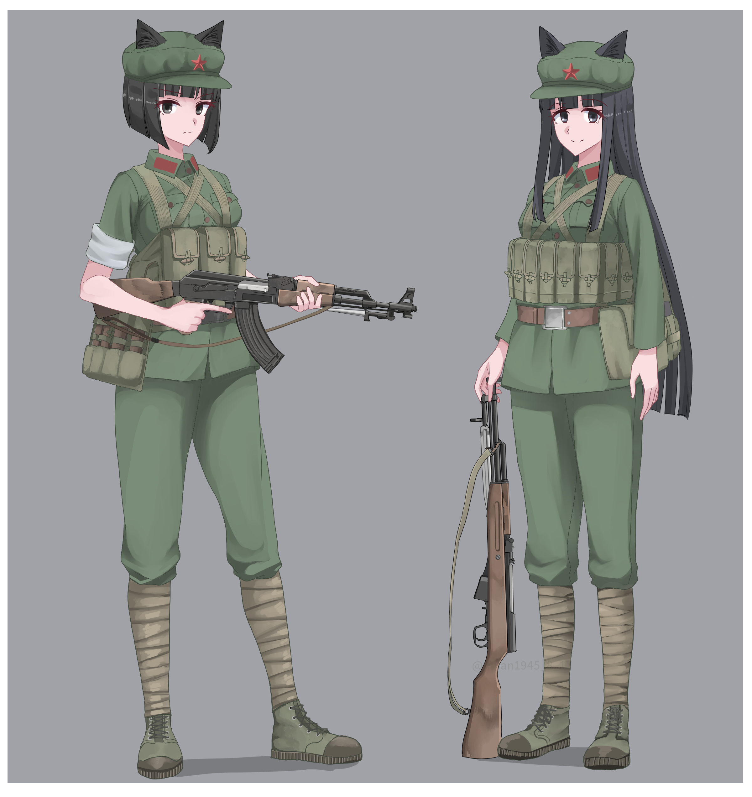 nguyen tam lee, original, absurdres, highres, 2girls, ammunition pouch, animal ears, assault rifle, belt, black eyes, black hair, border, brown belt, cat ears, chest rig, closed mouth, collar tabs, explosive, green hat, green jacket, green pants, green shoes, grenade, grey background, gun, hat, jacket, jiefang shoes, kalashnikov rifle, long hair, looking at viewer, military, military combat uniform, military uniform, multiple girls, pants, people's liberation army, people's liberation army ground force, pouch, puttee, red collar tabs, red star, rifle, shoes, short hair, sks, sleeves rolled up, smile, star (symbol), third indochina war, trigger discipline, type 56 assault rifle, weapon, white border