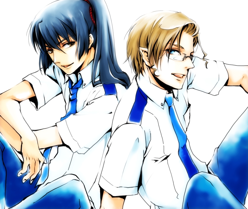 kao, kawokawo, mikhail buran, saotome alto, macross, macross frontier, 00s, 2boys, :d, black hair, blonde hair, collared shirt, looking at viewer, multiple boys, open mouth, pants, shirt, simple background, smile, white background, white shirt