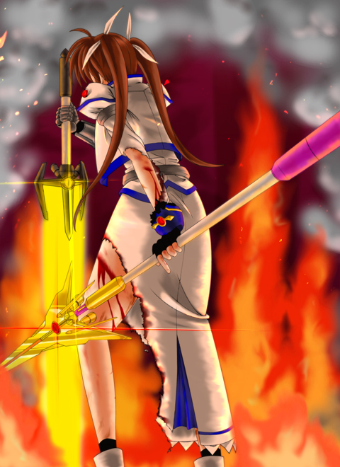 bardiche (nanoha), bardiche (zanber form) (nanoha), raising heart, raising heart (exceed mode), takamachi nanoha, takamachi nanoha (exceed mode), lyrical nanoha, mahou shoujo lyrical nanoha strikers, 00s, 1girl, asymmetrical dual wielding, bleeding, blood, borrowed weapon, cuts, dual wielding, energy sword, female focus, fire, injury, solo, staff, sword, weapon