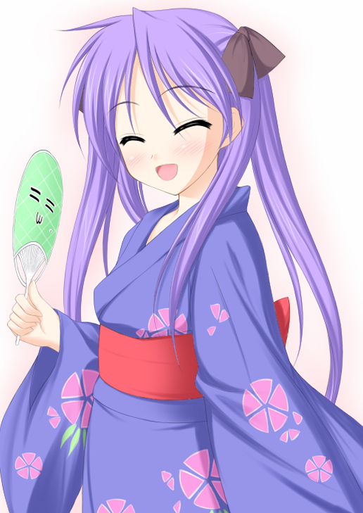 hiiragi kagami, lucky star, non-web source, 00s, 1girl, blue kimono, closed eyes, female focus, floral print, hand fan, japanese clothes, kimono, long hair, paper fan, print kimono, purple hair, ribbon, solo, uchiwa, yukata