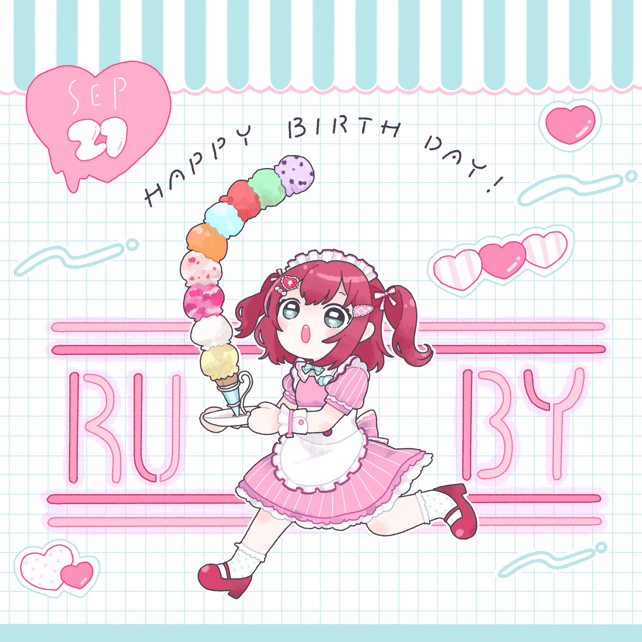 kurosawa ruby, love live!, love live! superstar!!, commentary request, highres, 1girl, :o, ai scream! (love live!), apron, aqua eyes, aqua socks, character name, cone holder, dated, dress, food, frilled apron, frilled socks, frills, grid background, hair ornament, happy birthday, heart, heart hair ornament, holding, holding plate, ice cream, ice cream cone, mary janes, medium hair, multiple scoops, open mouth, pink dress, pinstripe dress, pinstripe pattern, plate, polka dot, polka dot socks, puffy short sleeves, puffy sleeves, red hair, red shoes, running, shoes, short sleeves, sidelocks, socks, solo, team sankyaku, too many, too many scoops, two side up, waist apron, white apron