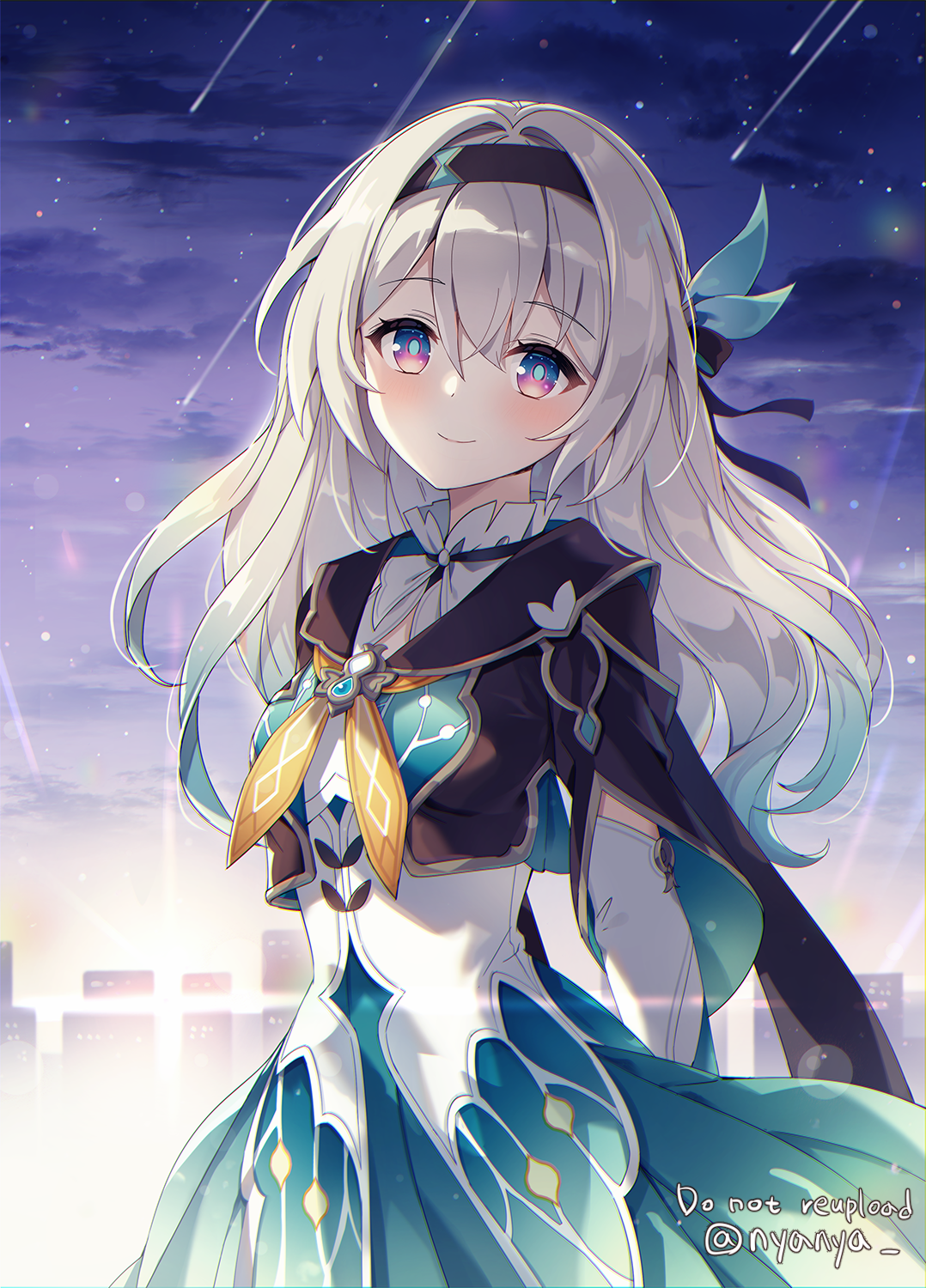 nyanya, firefly (honkai: star rail), honkai: star rail, honkai (series), commentary request, highres, 1girl, black hairband, black jacket, blue skirt, blush, closed mouth, cloud, grey hair, hair between eyes, hairband, jacket, long hair, long sleeves, looking at viewer, night, night sky, outdoors, purple eyes, shirt, shooting star, skirt, sky, smile, solo, star (sky), starry sky, twitter username, upper body, very long hair, watermark, white shirt