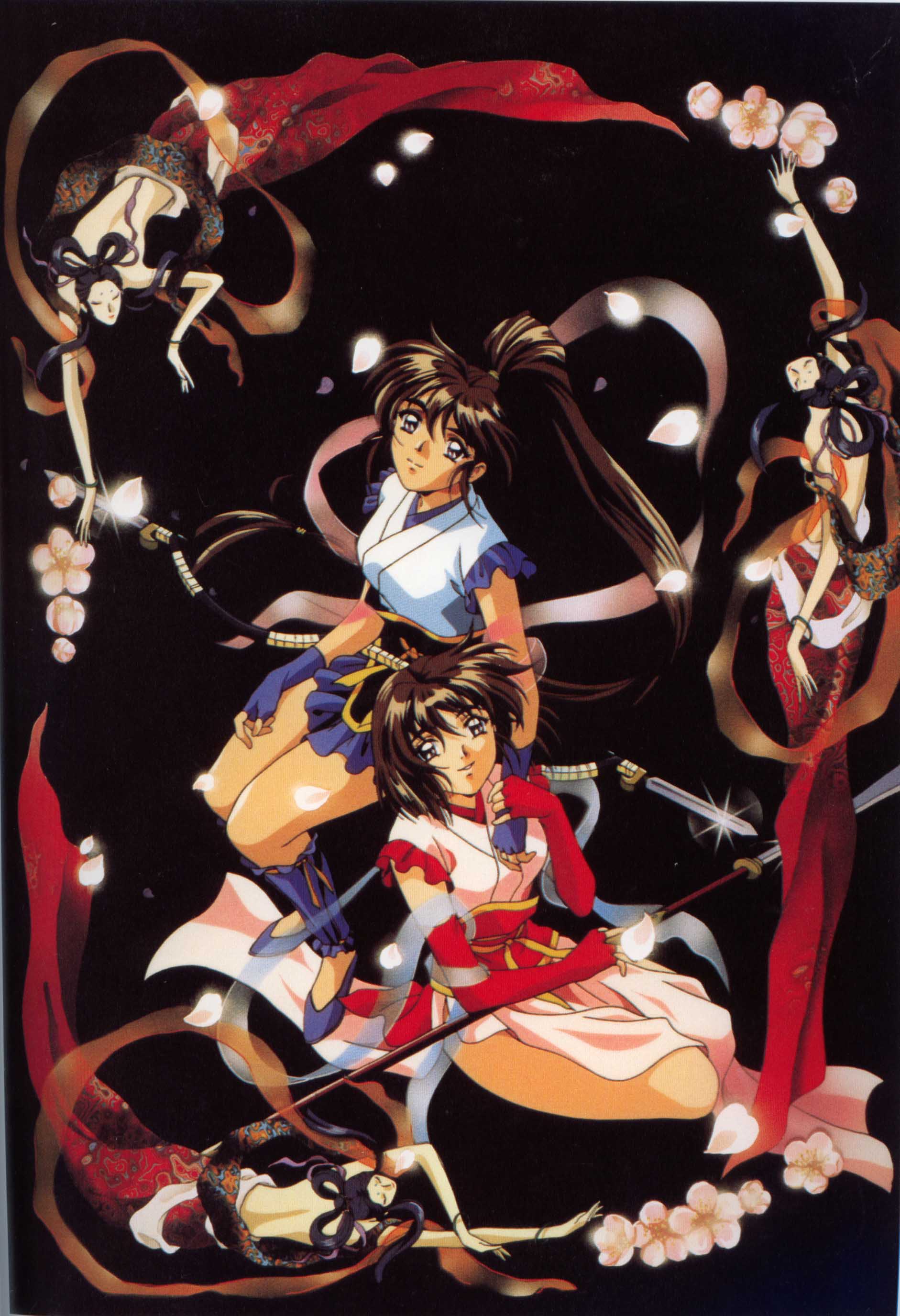 rin-sin, amatsu ai, amatsu mai, twin angels, absurdres, highres, scan, 5girls, brown hair, elbow gloves, fingerless gloves, flower, gloves, japanese clothes, long hair, multiple girls, ponytail, poster (medium), purple eyes, short hair, siblings, sisters, sitting, skirt, smile, sword, twins, weapon, yellow eyes