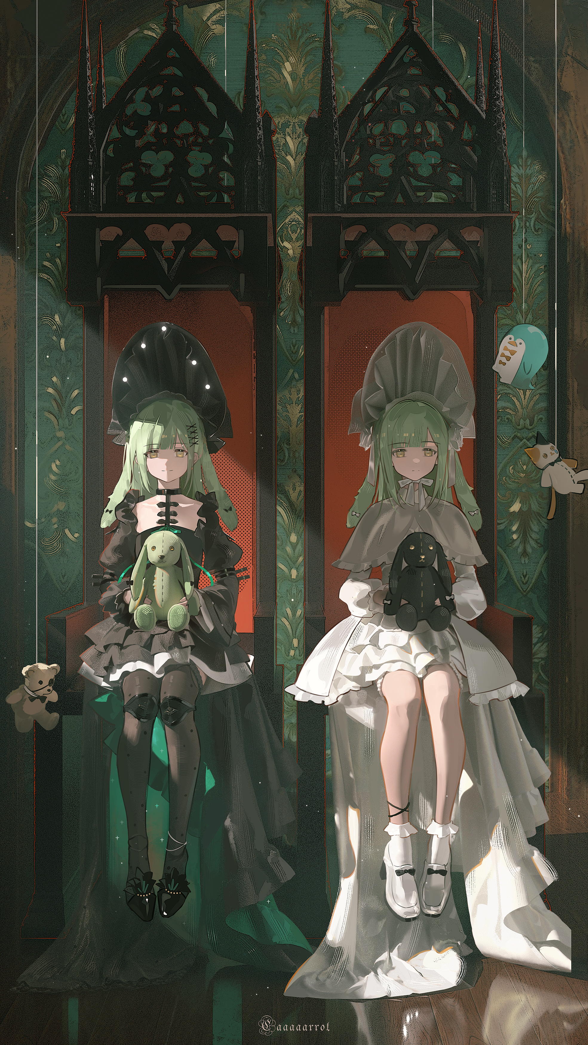 toto (caaaaarrot), mortis (bang dream!), mortis (persona) (bang dream!), wakaba mutsumi, wakaba mutsumi (marionette's id), arknights, bang dream!, bang dream! it's mygo!!!!!, absurdres, chinese commentary, commentary request, highres, 2girls, animal ears, black bonnet, black choker, black dress, black gloves, black shoes, black vs white, bonnet, capelet, choker, closed mouth, contrast, doll joints, dress, dual persona, expressionless, floppy ears, frilled dress, frills, full body, gloves, gothic lolita, green hair, hair ornament, holding, holding stuffed toy, indoors, joints, lolita fashion, long hair, long sleeves, looking at viewer, multiple girls, polar opposites, rabbit ears, rabbit girl, reflective floor, ribbon, shoes, sidelocks, sitting, sitting on throne, smile, socks, stuffed animal, stuffed cat, stuffed penguin, stuffed rabbit, stuffed toy, white bonnet, white capelet, white dress, white ribbon, white shoes, white socks, x hair ornament, yellow eyes