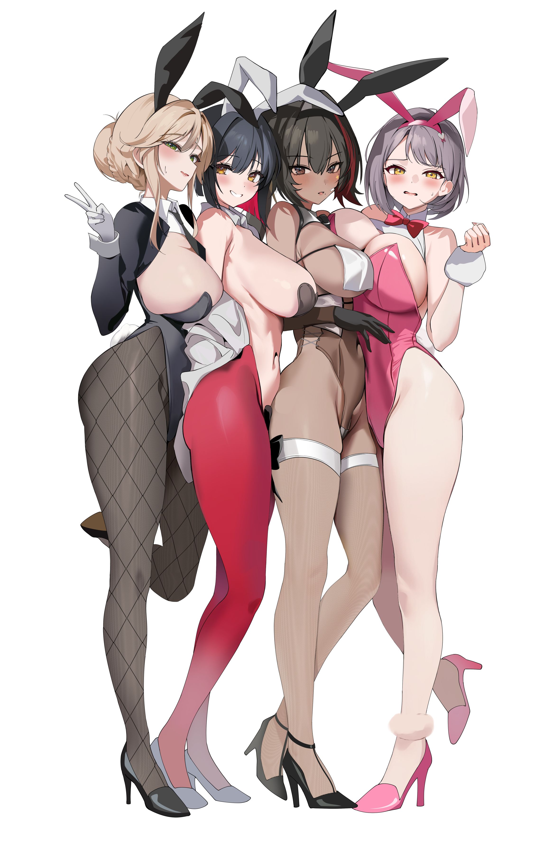 hido (cherryhido), ade (nikke), bay (nikke), milk (nikke), rouge (nikke), goddess of victory: nikke, absurdres, commentary, english commentary, highres, 4girls, animal ears, black hair, black leotard, black pantyhose, blush, braid, breasts, brown hair, collar, fake animal ears, full body, grey hair, grin, hair between eyes, hair bun, high heels, large breasts, leotard, looking at viewer, multiple girls, open mouth, pantyhose, pink leotard, playboy bunny, ponytail, rabbit ears, red pantyhose, reverse bunnysuit, reverse outfit, sidelocks, simple background, smile, standing, white background