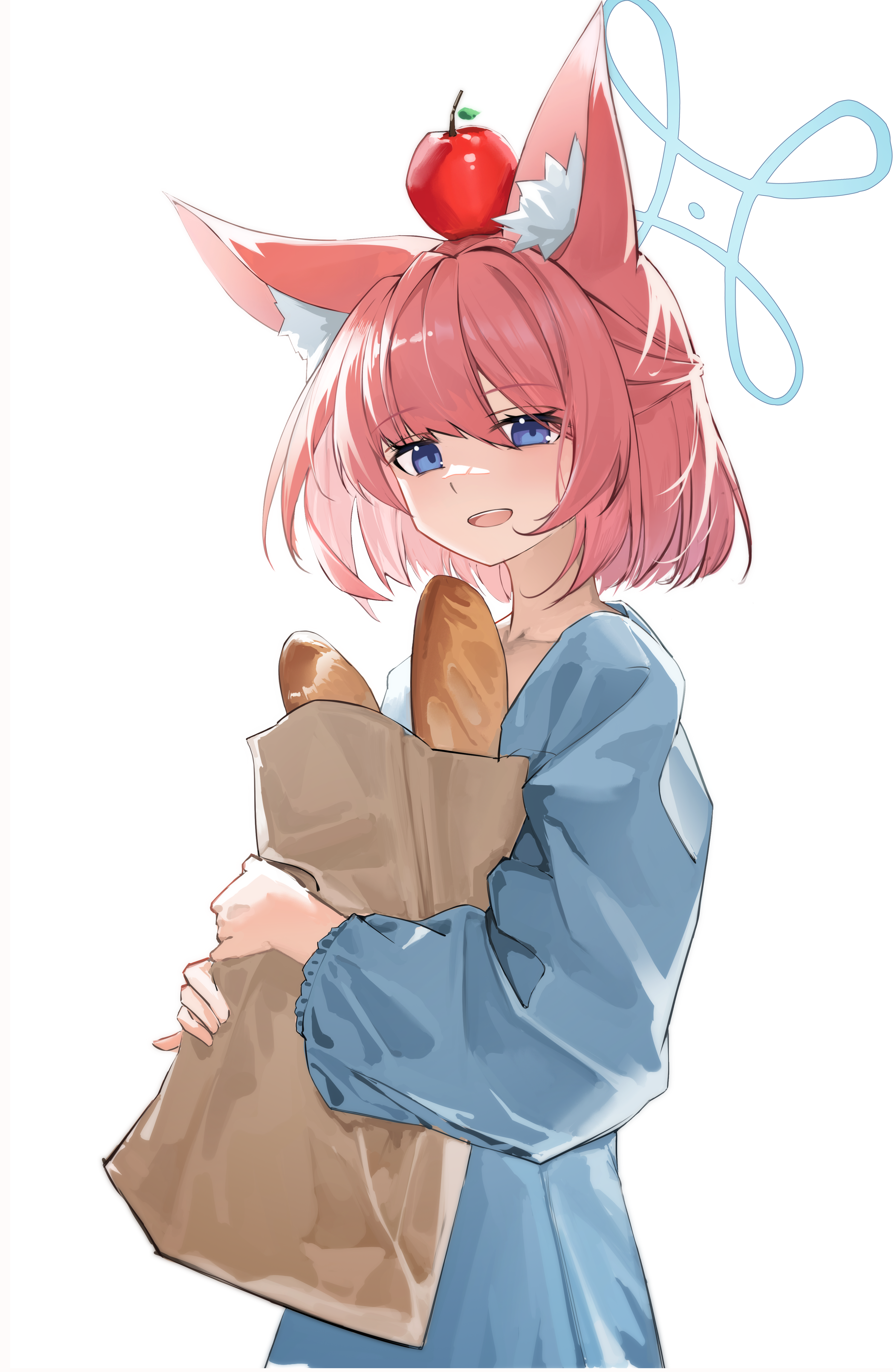 nammmmer, niko (blue archive), blue archive, absurdres, highres, 1girl, animal ear fluff, animal ears, apple, apple on head, bag, blue eyes, blue halo, blue shirt, bread, food, fox ears, fox girl, from side, fruit, hair between eyes, halo, holding, holding bag, holding food, looking at viewer, open mouth, paper bag, pink hair, shirt, short hair, solo