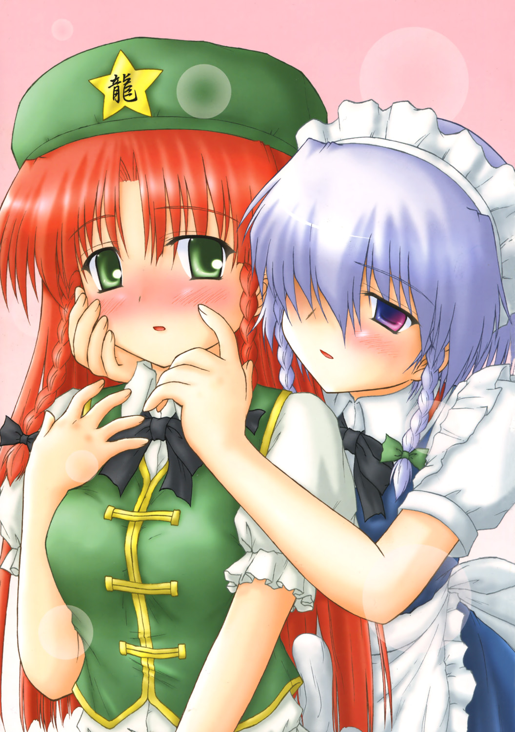 hong meiling, izayoi sakuya, embodiment of scarlet devil, touhou, silver hair, highres, non-web source, 2girls, blue eyes, blush, female focus, green eyes, hat, long hair, multiple girls, red hair, ribbon, short hair, yuri