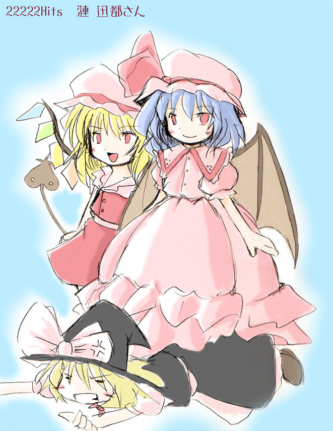 flandre scarlet, kirisame marisa, remilia scarlet, touhou, non-web source, 3girls, bat wings, blonde hair, blue hair, blush, dress, female focus, gradient background, hat, long hair, mob cap, multiple girls, red eyes, short hair, skirt, white background, wings, witch