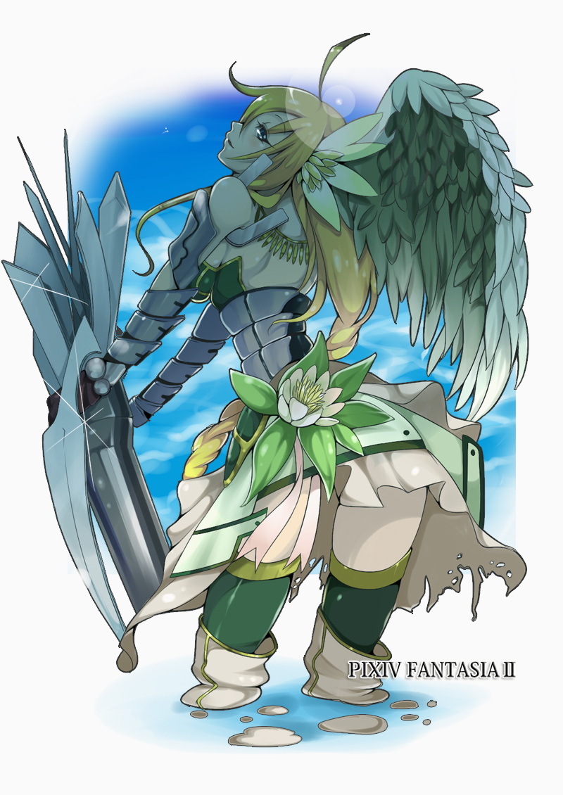 akishima kei, pixiv fantasia, pixiv fantasia 2, bad id, bad pixiv id, 1girl, amputee, angel wings, armor, armored dress, blonde hair, dress, fantasy, flower, legless amputee, long hair, thighhighs, valkyrie, wings