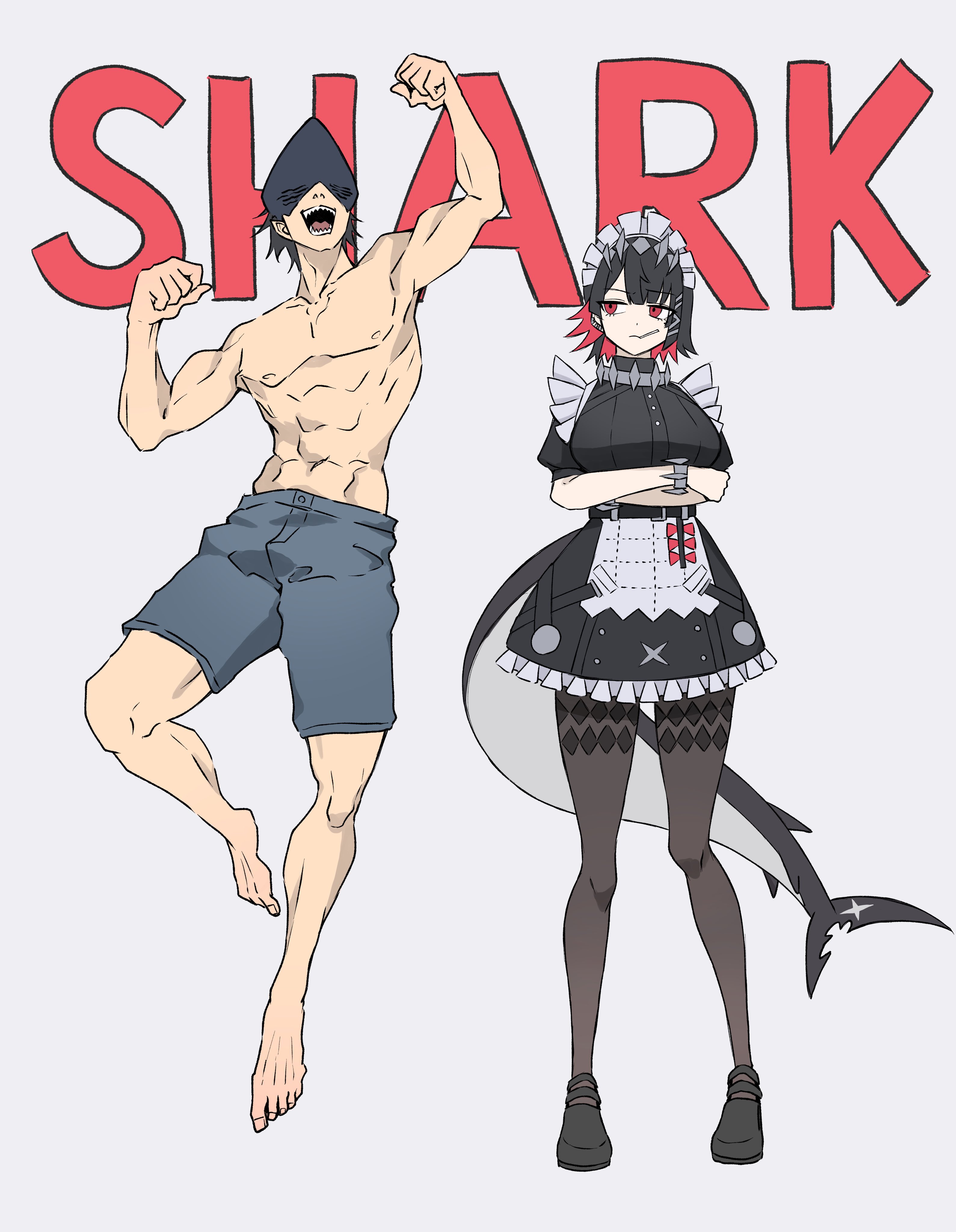 in (in 0907), ellen joe, chainsaw man, zenless zone zero, absurdres, highres, 1boy, 1girl, abs, black dress, black hair, black pantyhose, blue shorts, dress, fins, fish tail, frilled dress, frills, full body, jumping, looking at another, maid, maid headdress, multicolored hair, muscular, pantyhose, red eyes, shark devil (chainsaw man), shark girl, shark tail, short hair, shorts, tail, two-tone hair