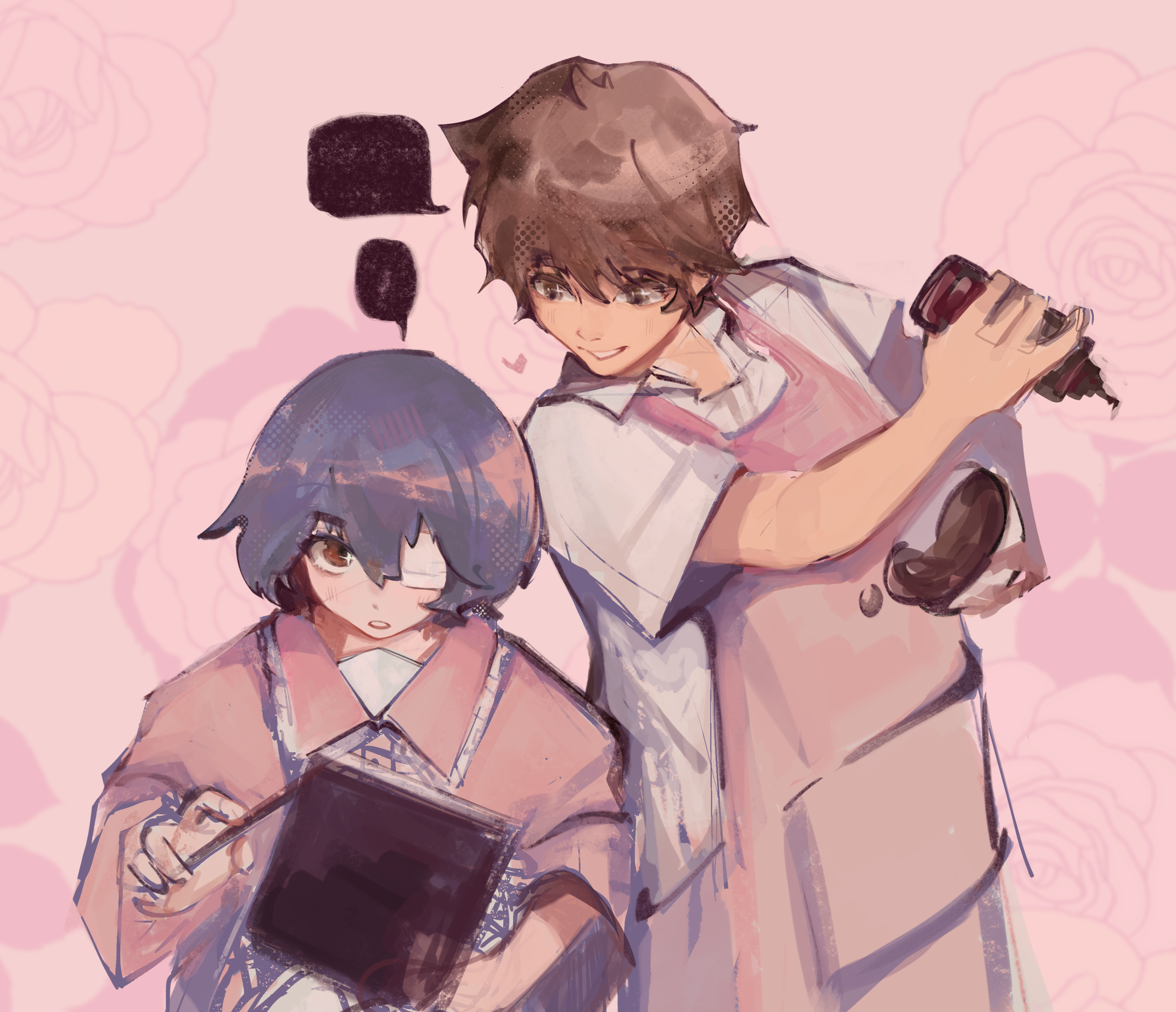 blue picmi, misaki mei, sakakibara kouichi, another, absurdres, highres, 1boy, 1girl, alternate costume, apron, black hair, brown eyes, brown hair, chocolate, cooking, dress, eyepatch, floral background, grin, heart, medical eyepatch, one eye covered, pink apron, pink background, pink dress, red eyes, shirt, short sleeves, smile, valentine, white shirt