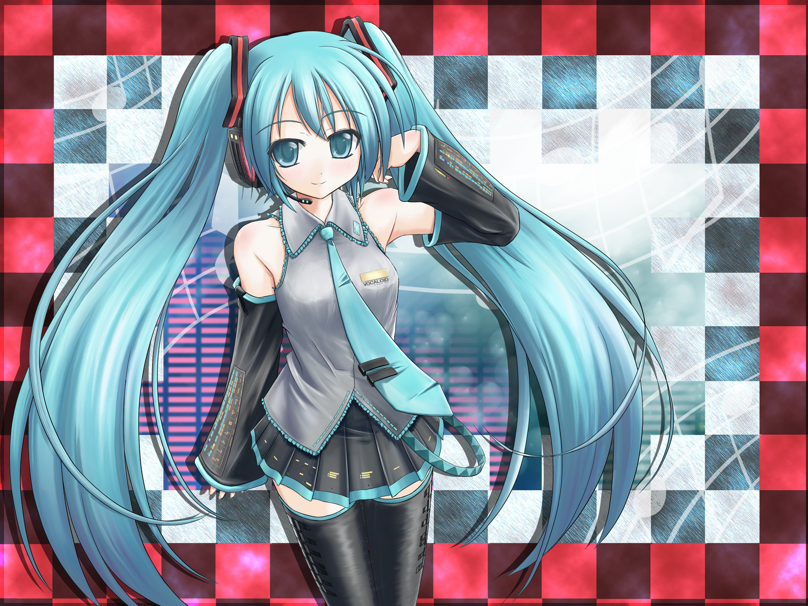 mugityax, hatsune miku, vocaloid, highres, 1girl, aqua hair, female focus, long hair, solo, thighhighs, twintails, very long hair