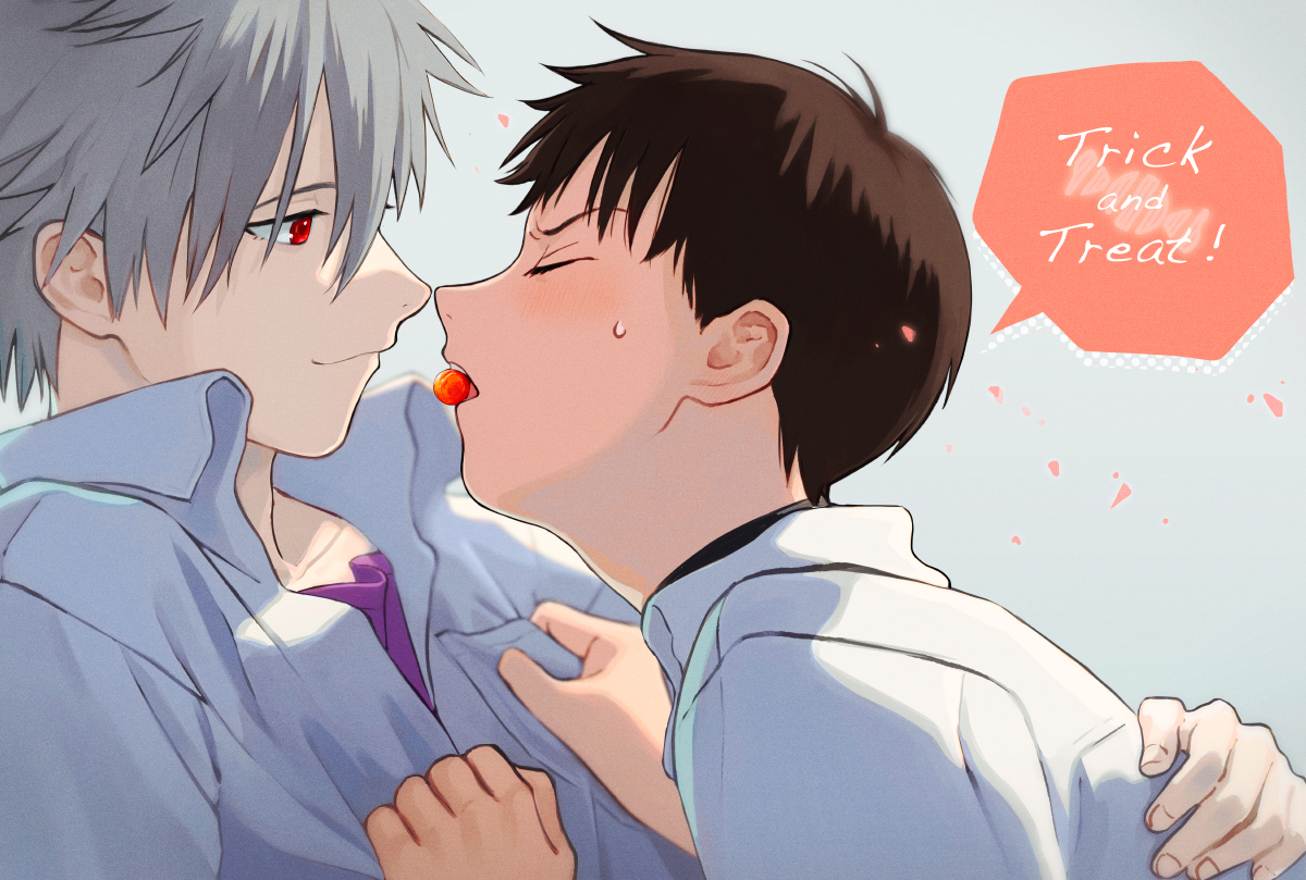 kannunu, ikari shinji, nagisa kaworu, evangelion: 3.0 you can (not) redo, neon genesis evangelion, rebuild of evangelion, commentary request, 2boys, blush, brown hair, candy, closed eyes, closed mouth, collared shirt, dss choker, food, from side, grey background, grey hair, male focus, mouth hold, multiple boys, purple shirt, red eyes, shirt, short hair, speech bubble, teeth hold, upper body, white shirt, yaoi