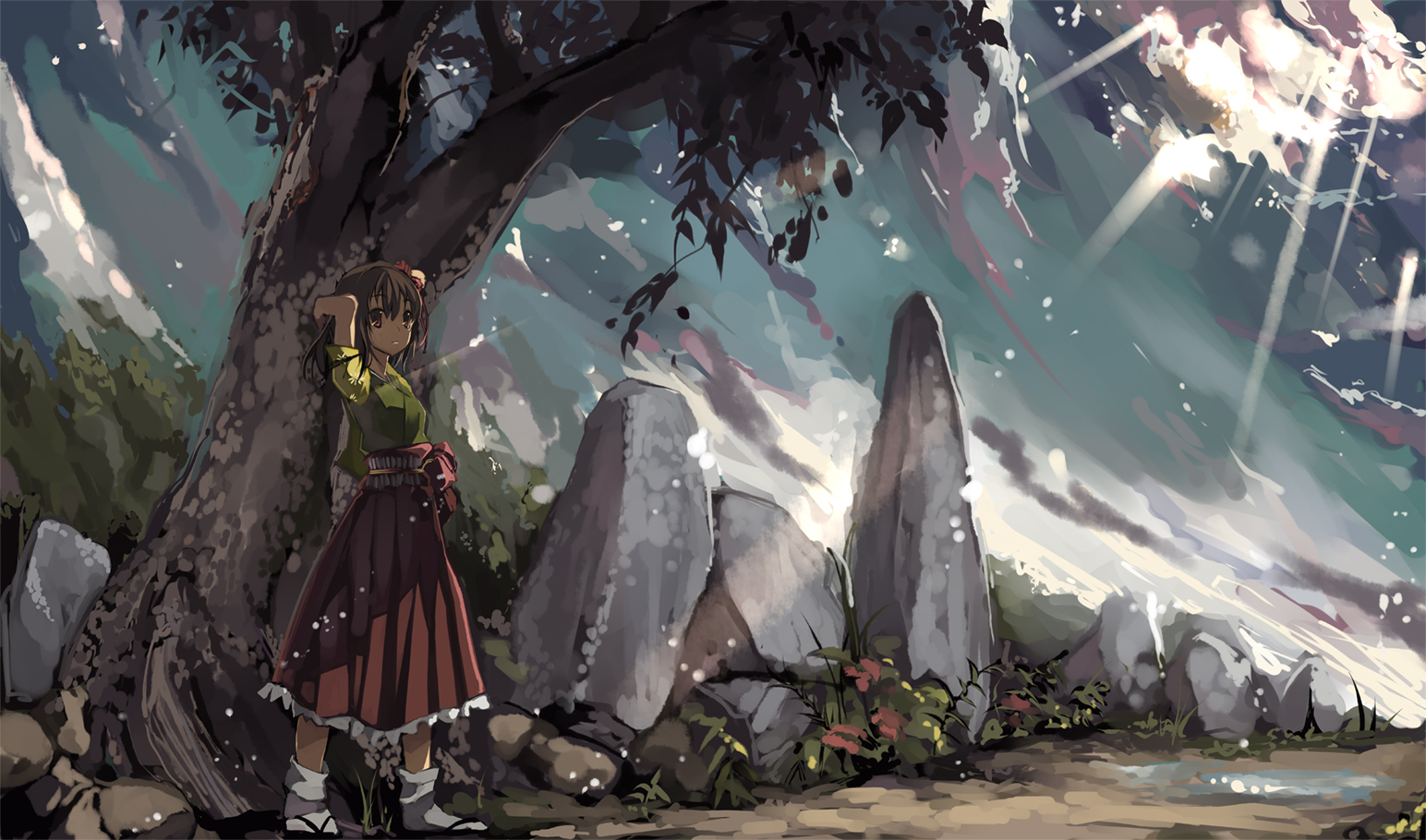 shimadoriru, hieda no akyuu, perfect memento in strict sense, touhou, 1girl, arm up, cloud, cloudy sky, female focus, frilled skirt, frills, hakama, hakama skirt, japanese clothes, red hakama, rock, short hair, short sleeves, skirt, sky, socks, solo, standing, sunlight, tree