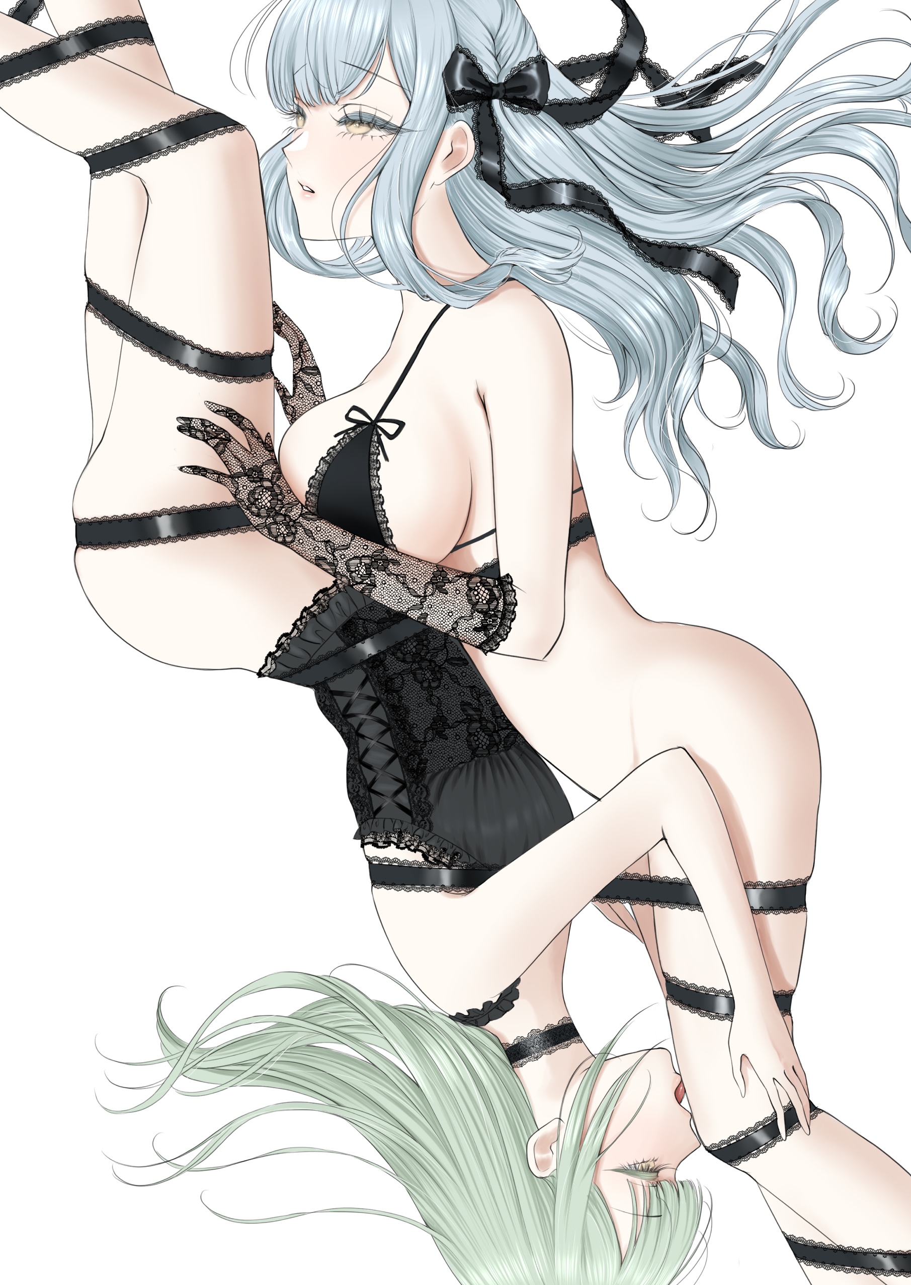 filha, togawa sakiko, wakaba mutsumi, bang dream!, bang dream! it's mygo!!!!!, absurdres, commentary, highres, 2girls, babydoll, black babydoll, black bow, black bra, black gloves, black ribbon, blue hair, bottomless, bow, bra, breasts, closed eyes, elbow gloves, gloves, green hair, hair bow, large breasts, licking, licking leg, lingerie, long hair, multiple girls, parted lips, ribbon, simple background, skindentation, small breasts, tongue, tongue out, underwear, white background, yellow eyes, yuri