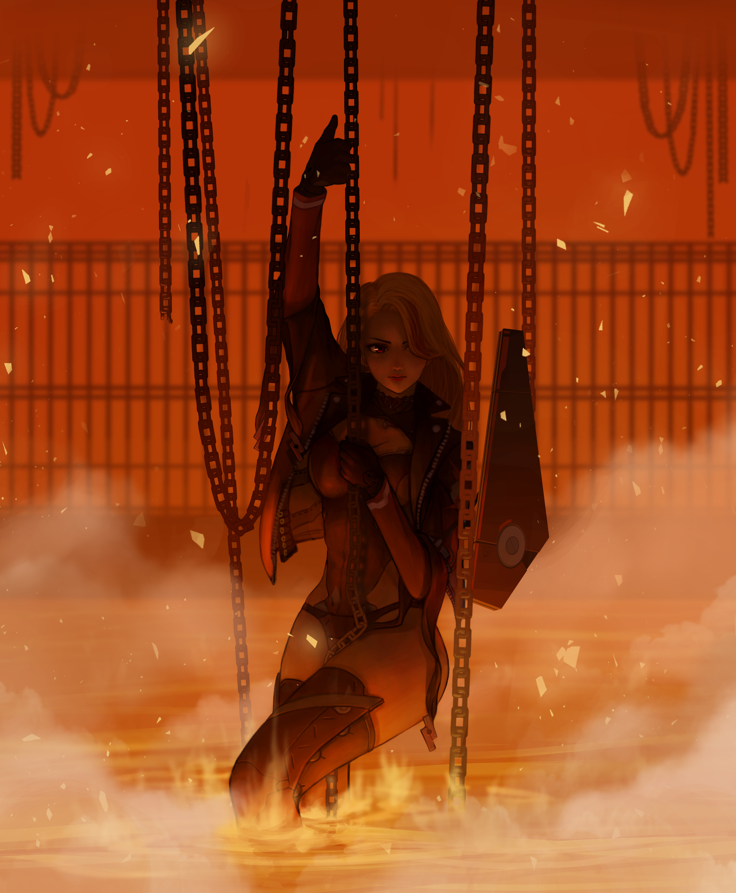 m1887 (girls' frontline), girls' frontline, absurdres, highres, 1girl, black jacket, breasts, bullet, chain, climbing, curly hair, jacket, long hair, momokusa, multicolored hair, red eyes, red lips, water