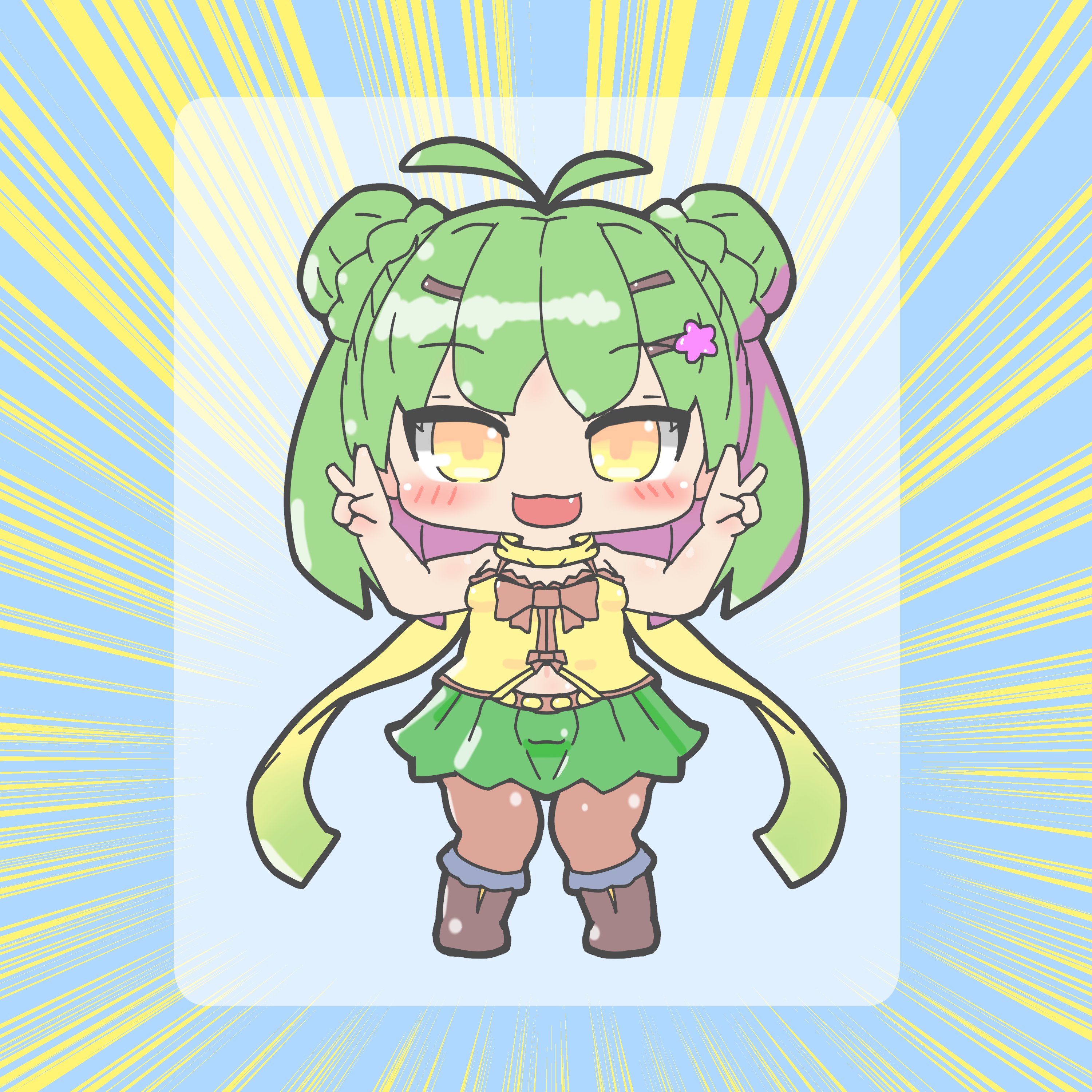 emil chronicle online, absurdres, highres, 1girl, antenna hair, boots, brown boots, brown thighhighs, camisole, chibi, double bun, double v, fang, green hair, green skirt, hair bun, hair ornament, hairclip, moran alma, open mouth, sakana tanuki, scarf, skirt, solo, standing, thighhighs, v, yellow camisole, yellow eyes, yellow scarf