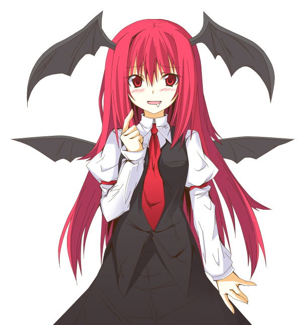 huei nazuki, koakuma, embodiment of scarlet devil, touhou, 1girl, bat wings, blush, drooling, fang, female focus, head wings, long hair, necktie, red eyes, red hair, red necktie, saliva, solo, wings
