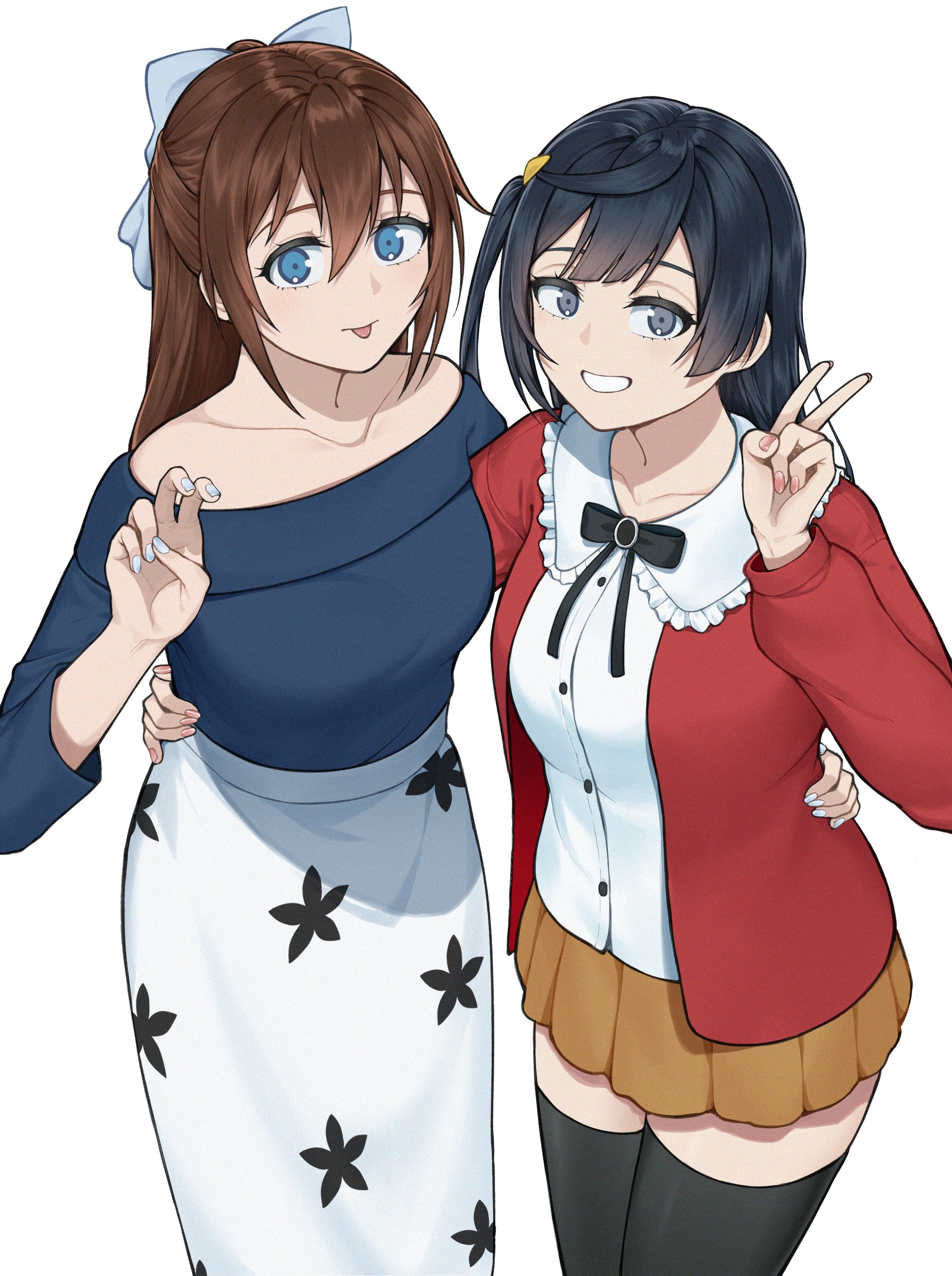 mayo e, osaka shizuku, yuki setsuna, love live!, love live! nijigasaki high school idol club, absurdres, commentary, highres, symbol-only commentary, 2girls, :p, arm around back, black hair, black ribbon, black shirt, black thighhighs, blue bow, blue eyes, bow, breasts, brown hair, brown skirt, closed mouth, collared shirt, floral print, floral print skirt, frilled shirt collar, frills, grey eyes, grin, hair bow, hair ornament, half updo, jacket, long hair, long sleeves, looking at viewer, medium breasts, miniskirt, multiple girls, neck ribbon, off-shoulder shirt, off shoulder, one side up, open clothes, open jacket, pleated skirt, print skirt, red jacket, ribbon, shirt, simple background, skirt, smile, thighhighs, tongue, tongue out, triangle hair ornament, white background, white shirt, white skirt, zettai ryouiki
