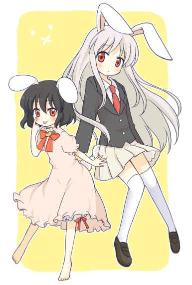 tamaki (209), inaba tewi, reisen udongein inaba, touhou, 2girls, :p, akanbe, animal ears, barefoot, black hair, blazer, blush, carrot, dress, eyelid pull, female focus, jacket, loafers, long hair, multiple girls, necktie, pink dress, pink hair, purple hair, rabbit ears, red eyes, red necktie, shoes, short hair, skirt, thighhighs, tongue, tongue out, very long hair, white thighhighs, x mouth